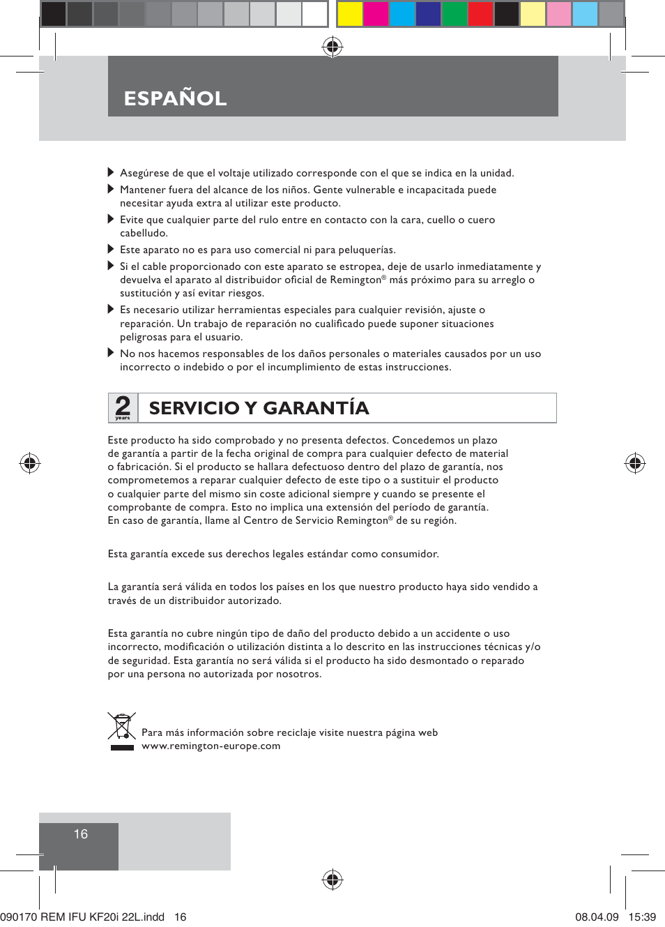 Español, Servicio y garantía | Remington KF20i User Manual | Page 18 / 76