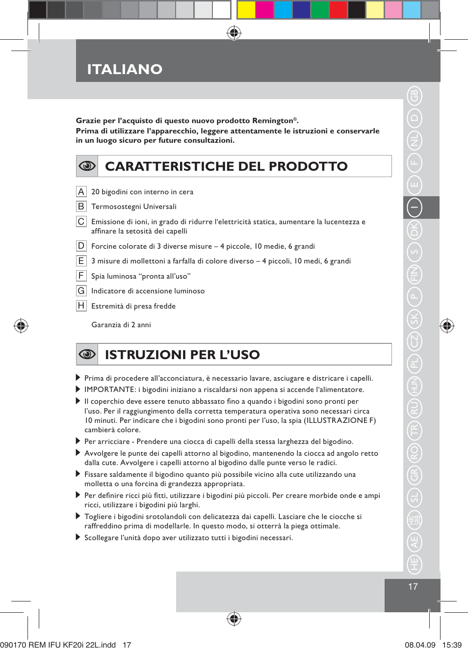 Italiano, Caratteristiche del prodotto, Istruzioni per l’uso | Remington KF20i User Manual | Page 19 / 76