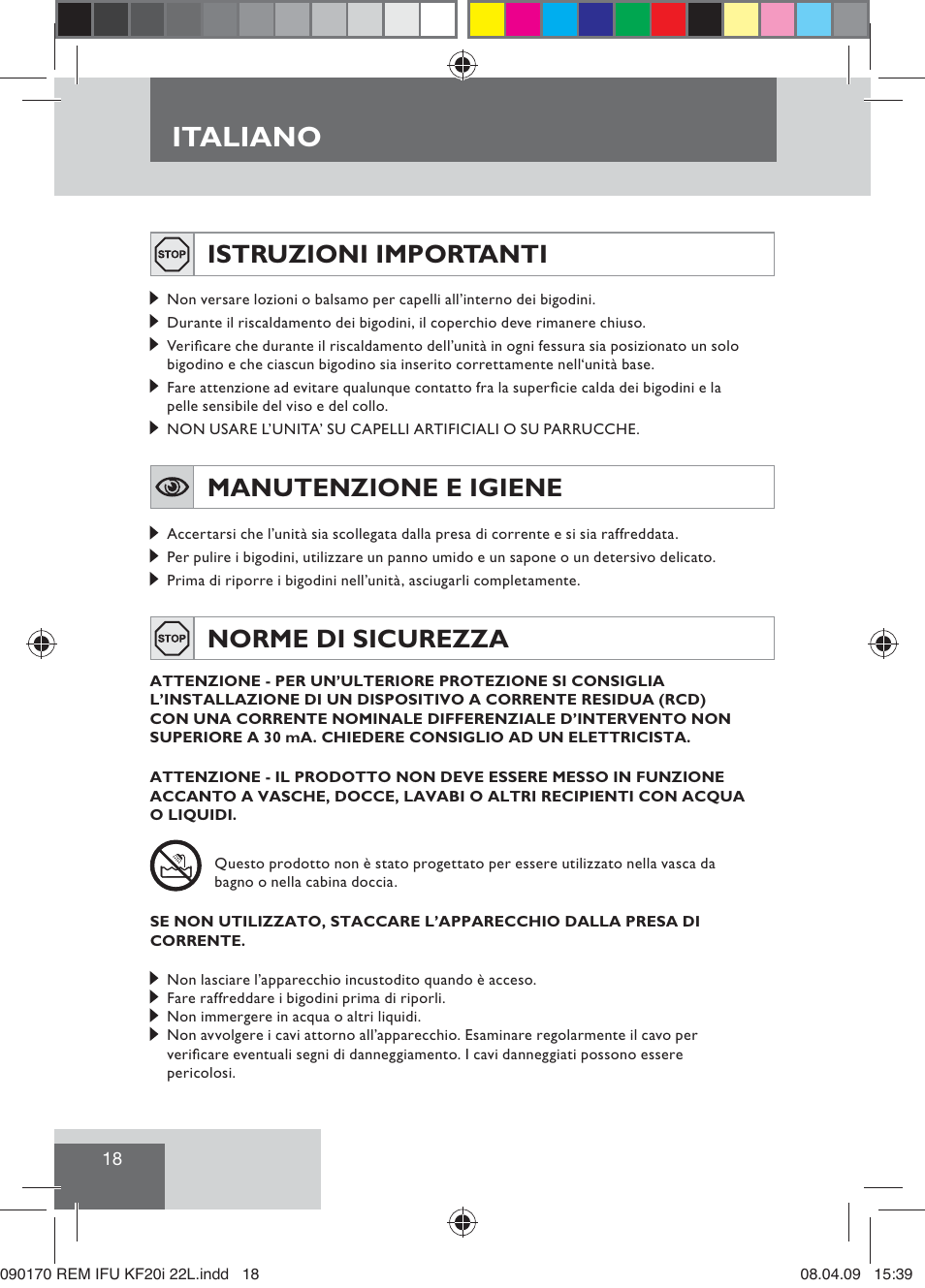 Italiano, Istruzioni importanti, Manutenzione e igiene | Norme di sicurezza | Remington KF20i User Manual | Page 20 / 76