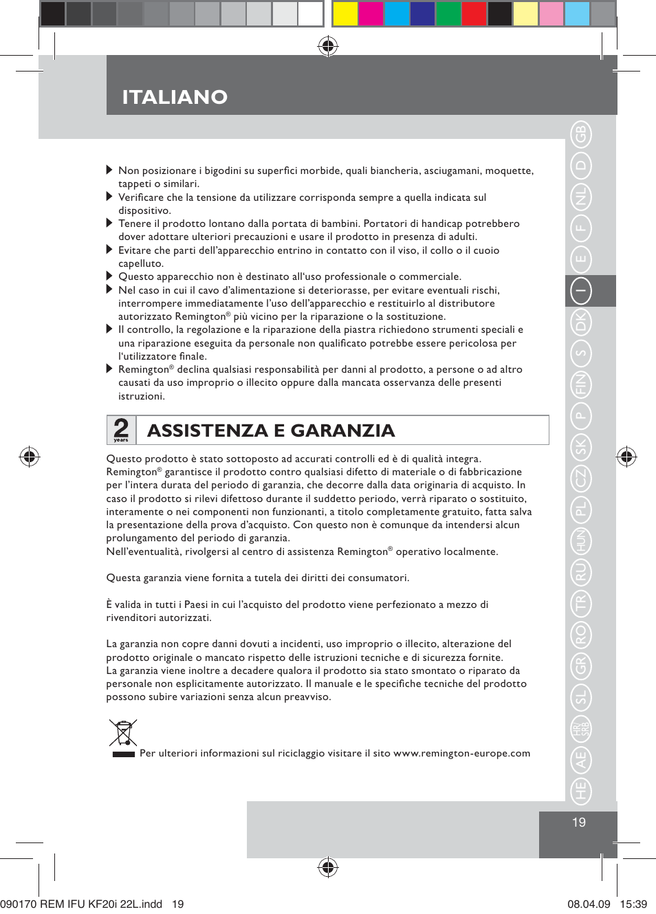 Italiano, Assistenza e garanzia | Remington KF20i User Manual | Page 21 / 76