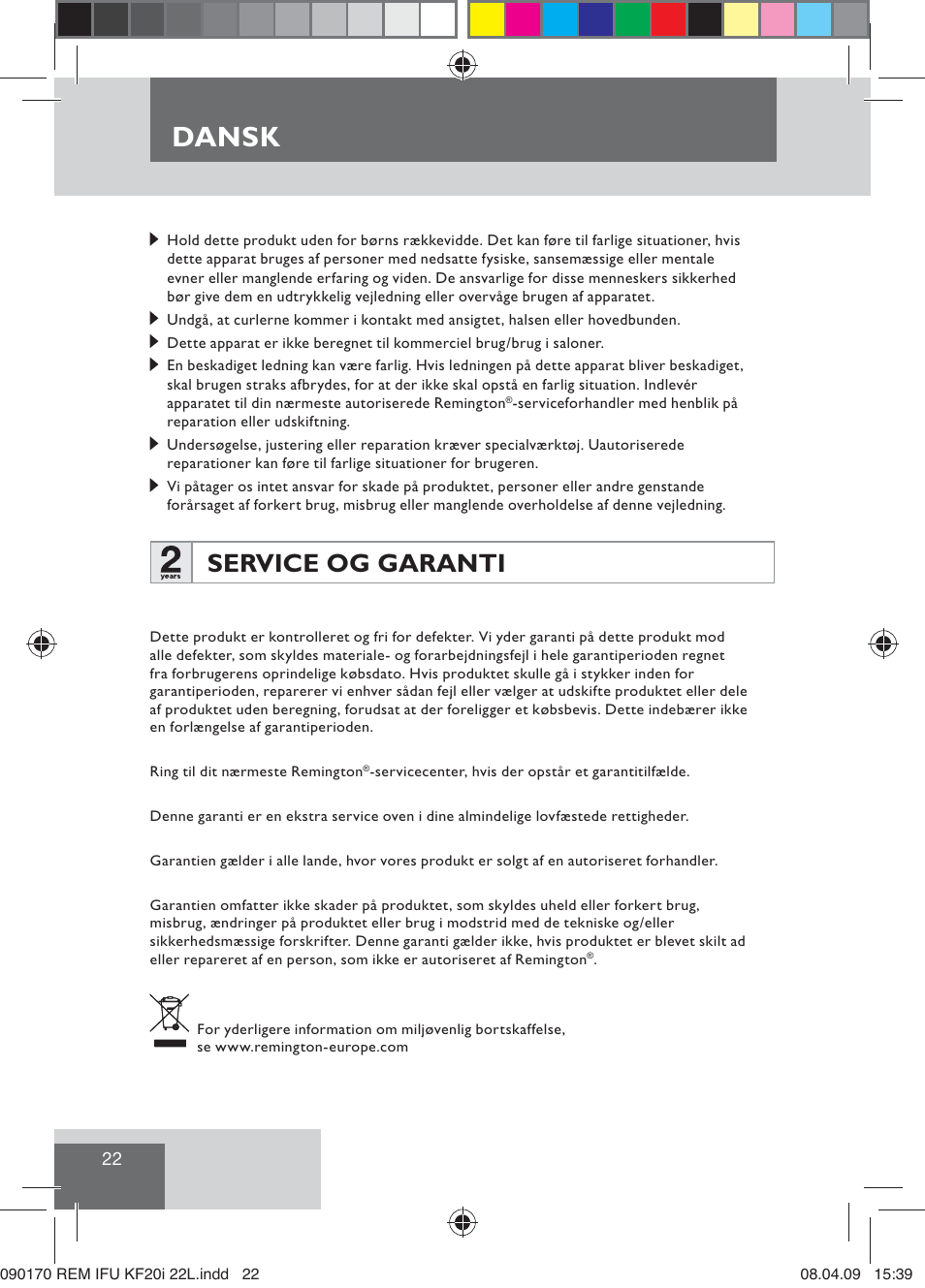 Dansk, Service og garanti | Remington KF20i User Manual | Page 24 / 76