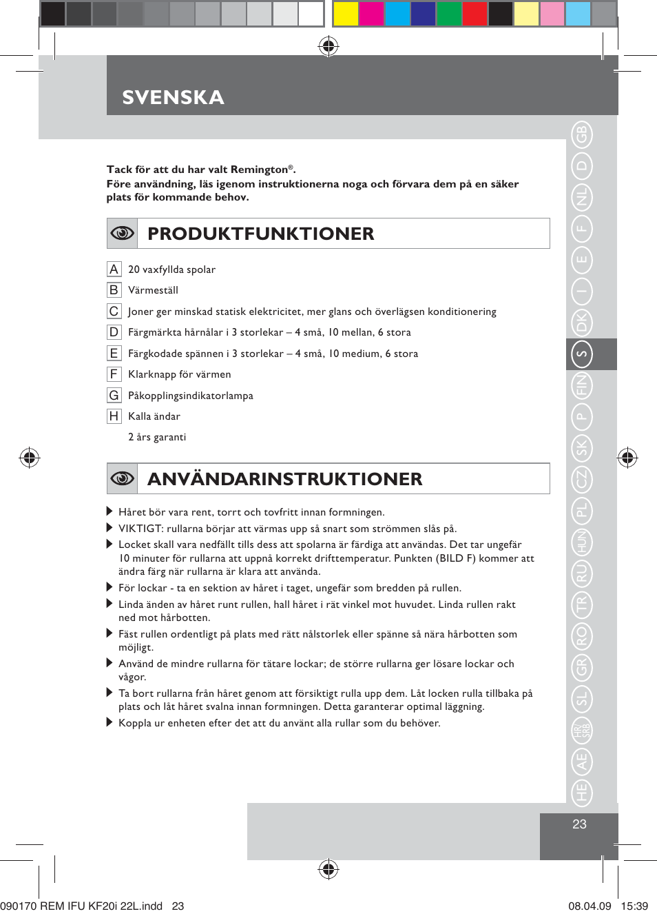 Svenska, Produktfunktioner, Användarinstruktioner | Remington KF20i User Manual | Page 25 / 76