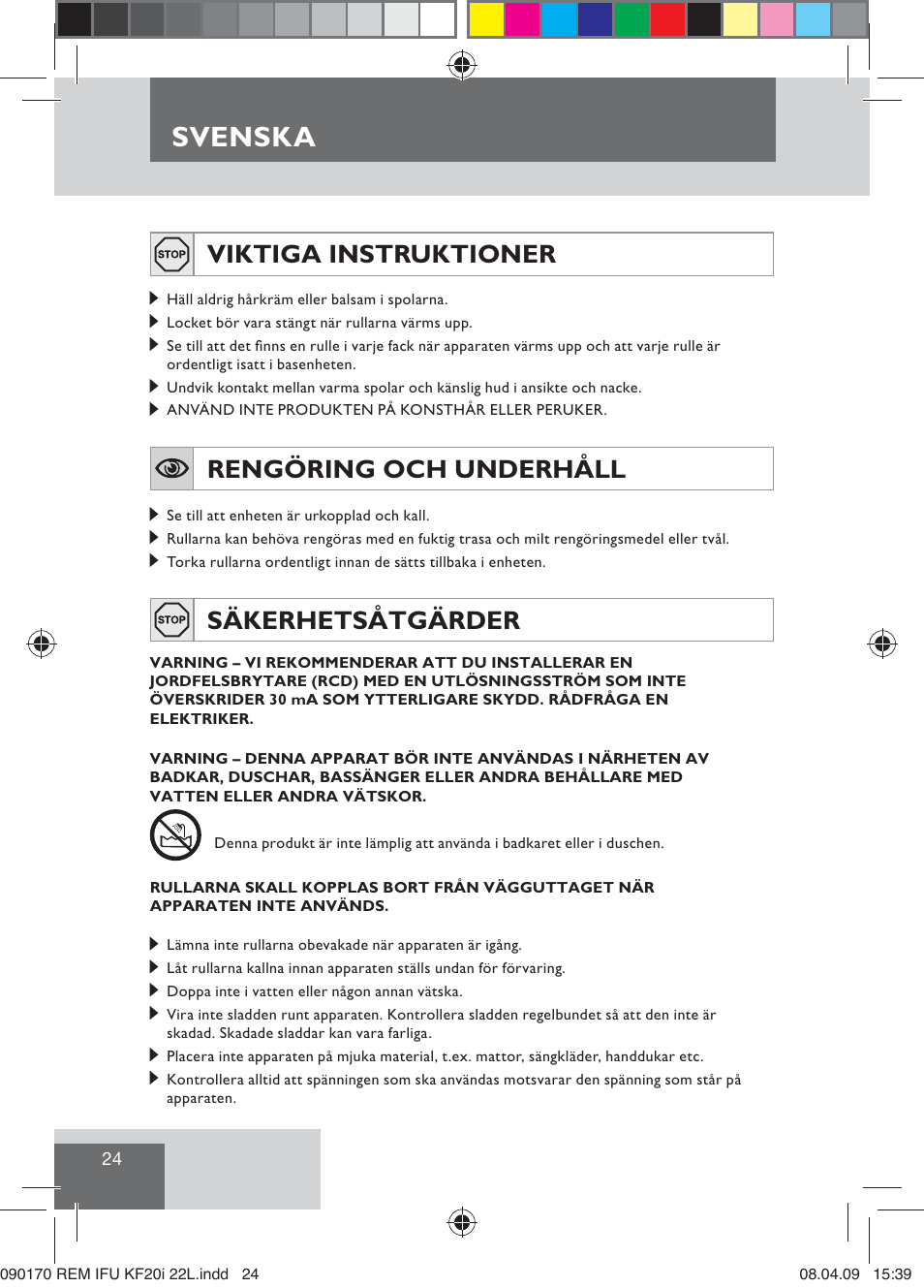 Svenska, Viktiga instruktioner, Rengöring och underhåll | Säkerhetsåtgärder | Remington KF20i User Manual | Page 26 / 76