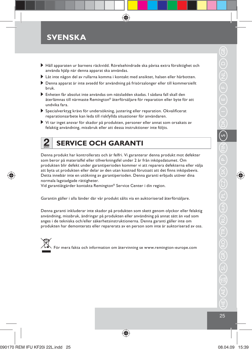 Svenska, Service och garanti | Remington KF20i User Manual | Page 27 / 76