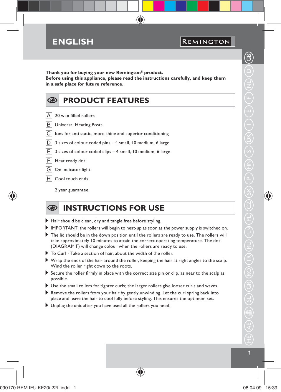 English, Product features, Instructions for use | Remington KF20i User Manual | Page 3 / 76