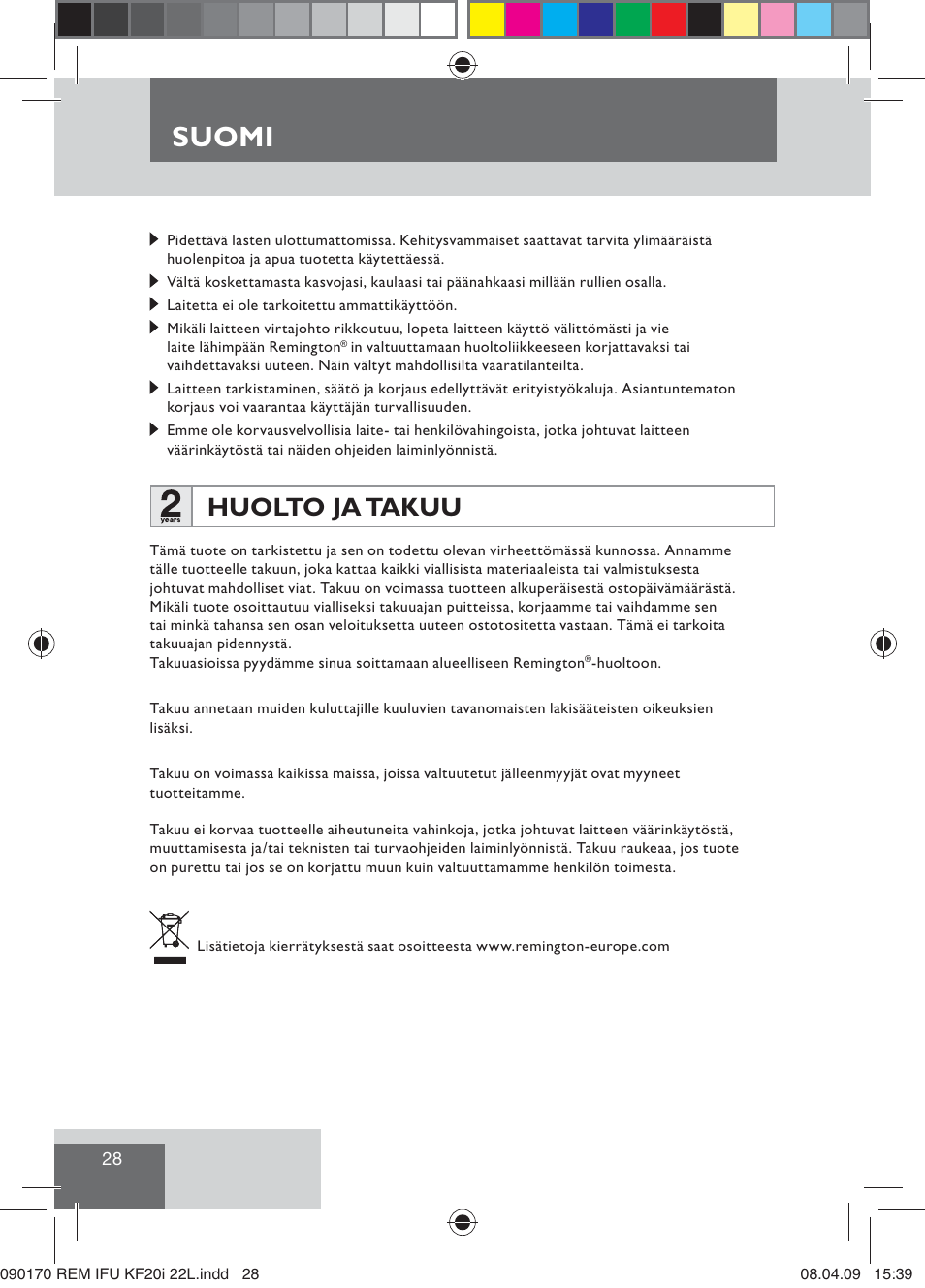 Suomi, Huolto ja takuu | Remington KF20i User Manual | Page 30 / 76