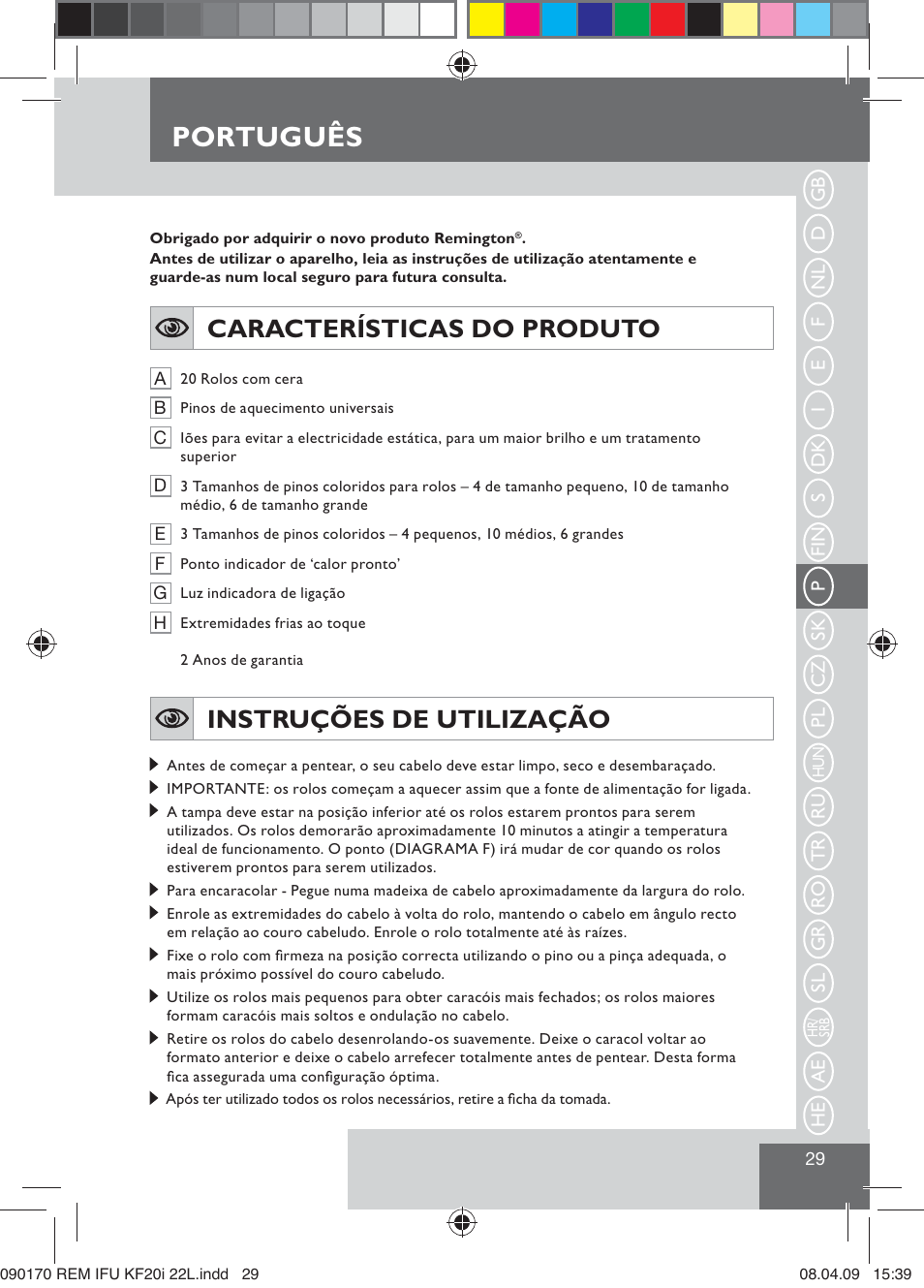 Português, Características do produto, Instruções de utilização | Remington KF20i User Manual | Page 31 / 76