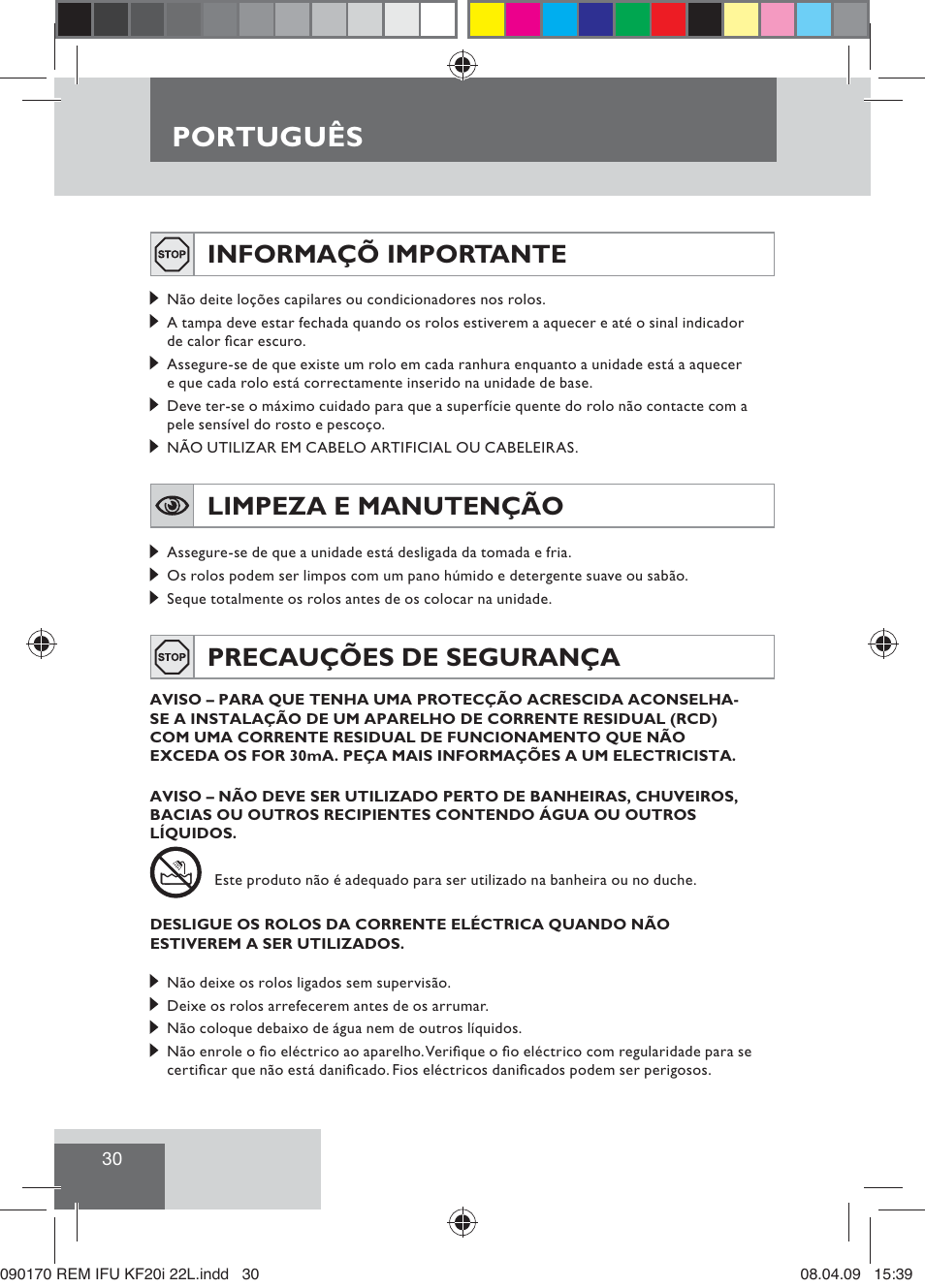 Português, Informaçõ importante, Limpeza e manutenção | Precauções de segurança | Remington KF20i User Manual | Page 32 / 76