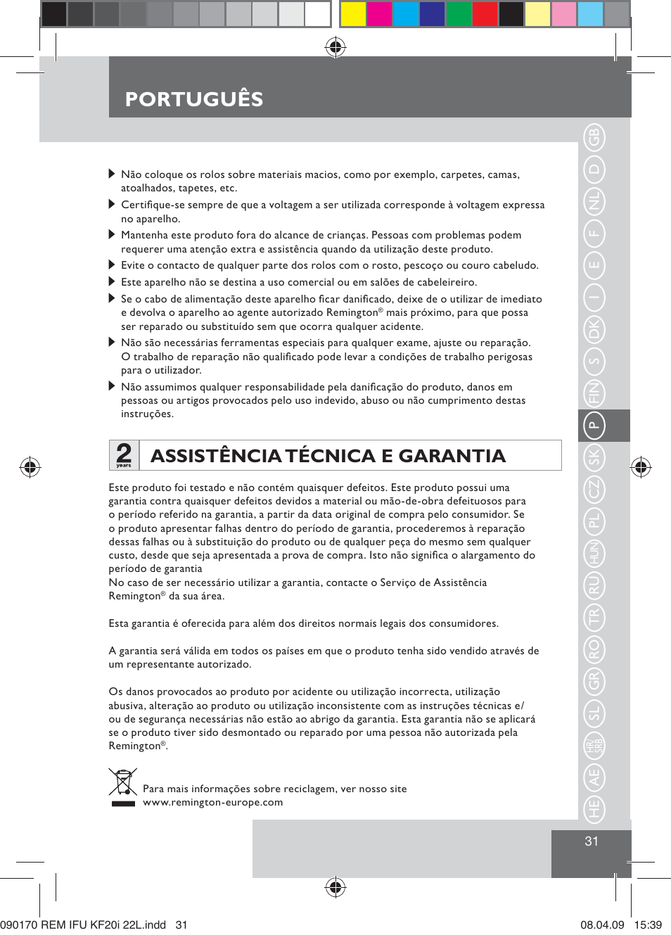 Português, Assistência técnica e garantia | Remington KF20i User Manual | Page 33 / 76