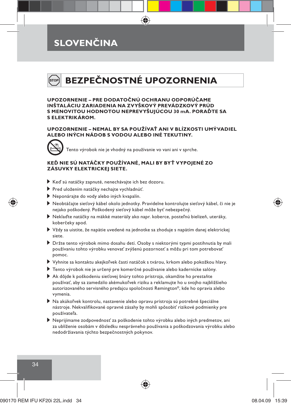 Sloven ina, Bezpečnostné upozornenia, Slovenčina | Remington KF20i User Manual | Page 36 / 76