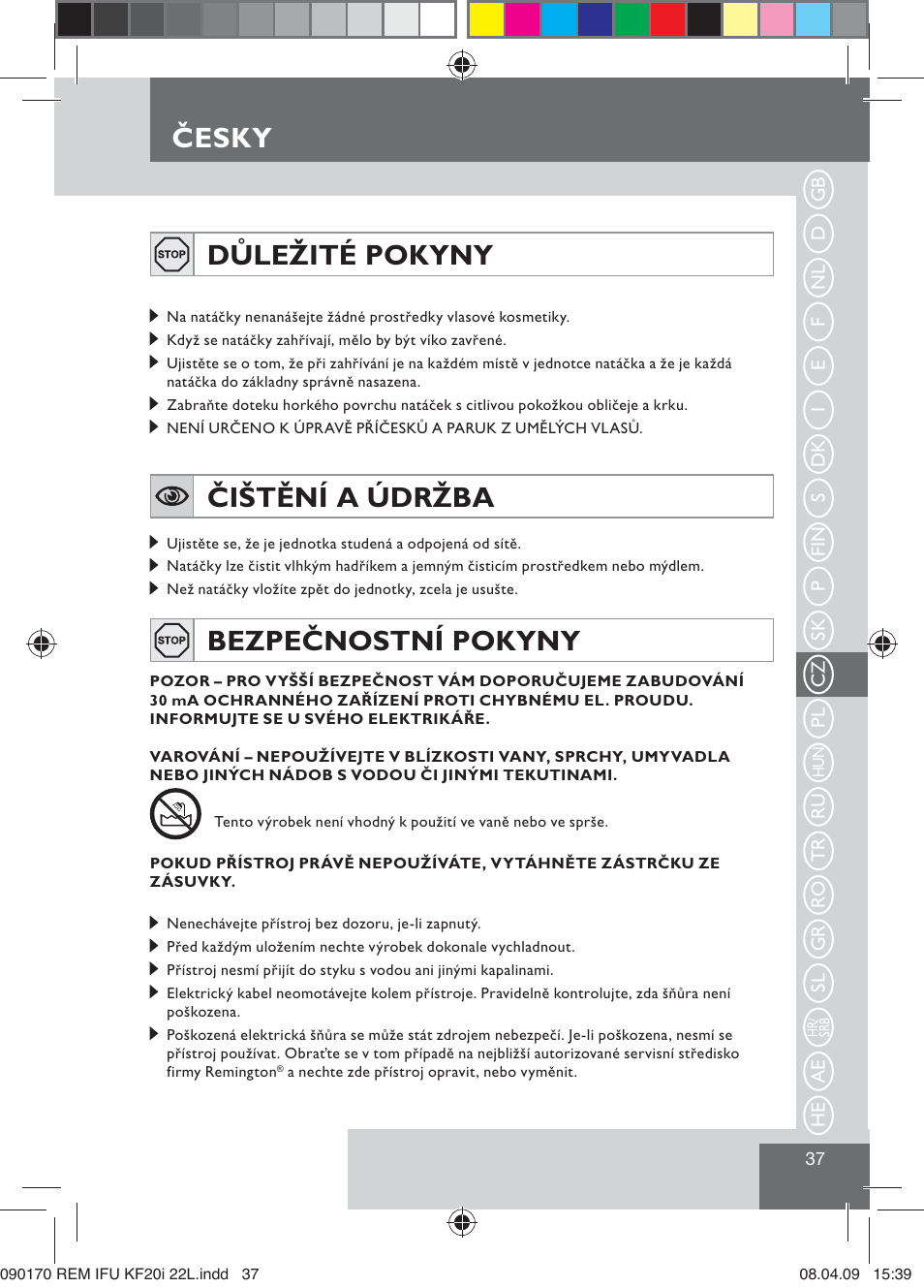 Česky důležité pokyny, Čištění a údržba, Bezpečnostní pokyny | Remington KF20i User Manual | Page 39 / 76
