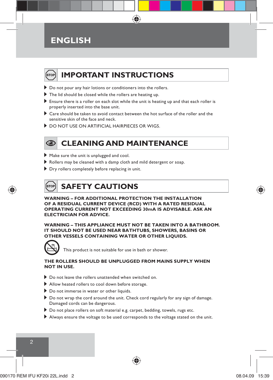 English, Important instructions, Cleaning and maintenance | Safety cautions | Remington KF20i User Manual | Page 4 / 76