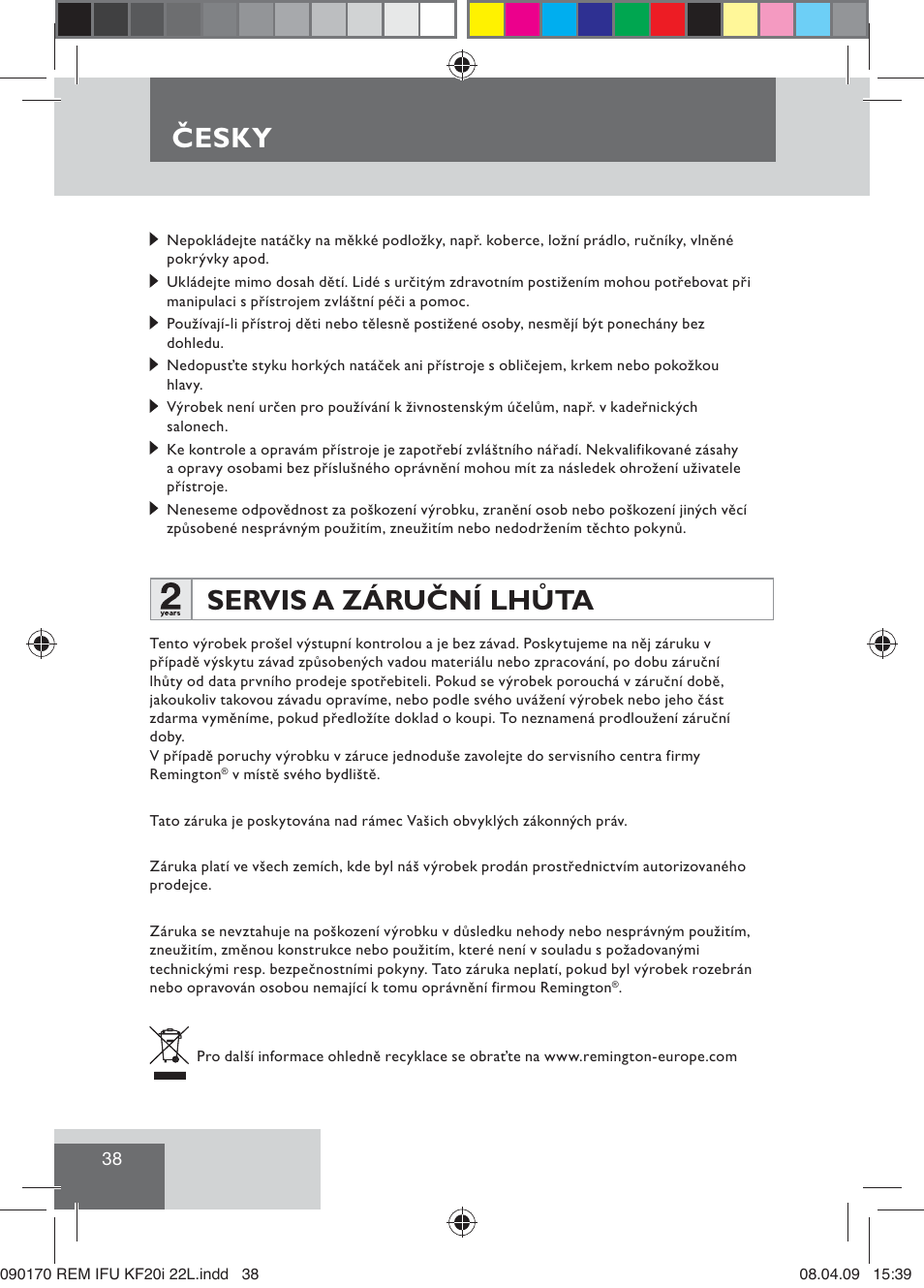 Česky, Servis a záruční lhůta | Remington KF20i User Manual | Page 40 / 76