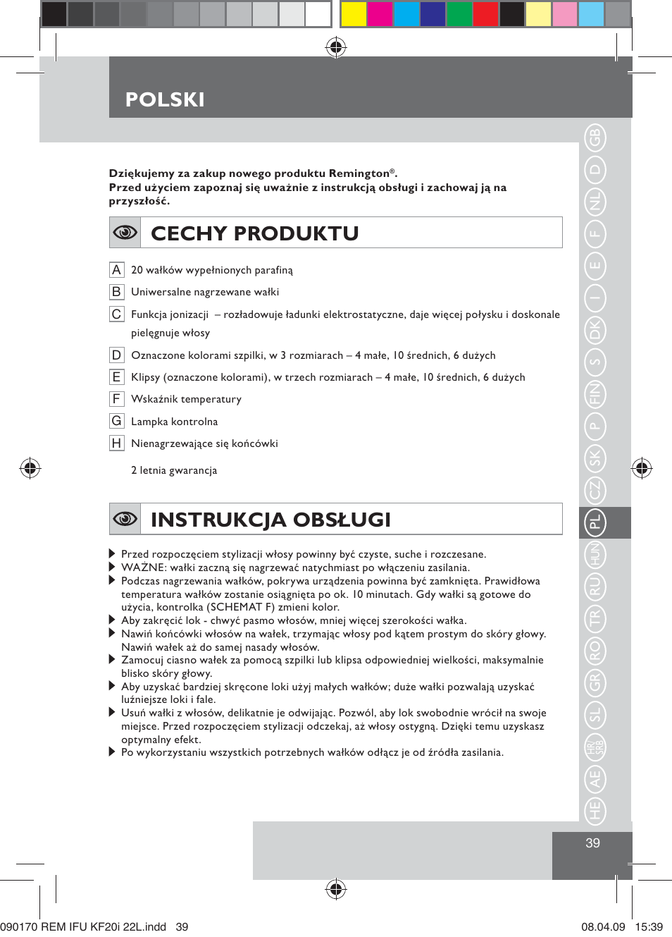 Polski, Cechy produktu, Instrukcja obsługi | Remington KF20i User Manual | Page 41 / 76