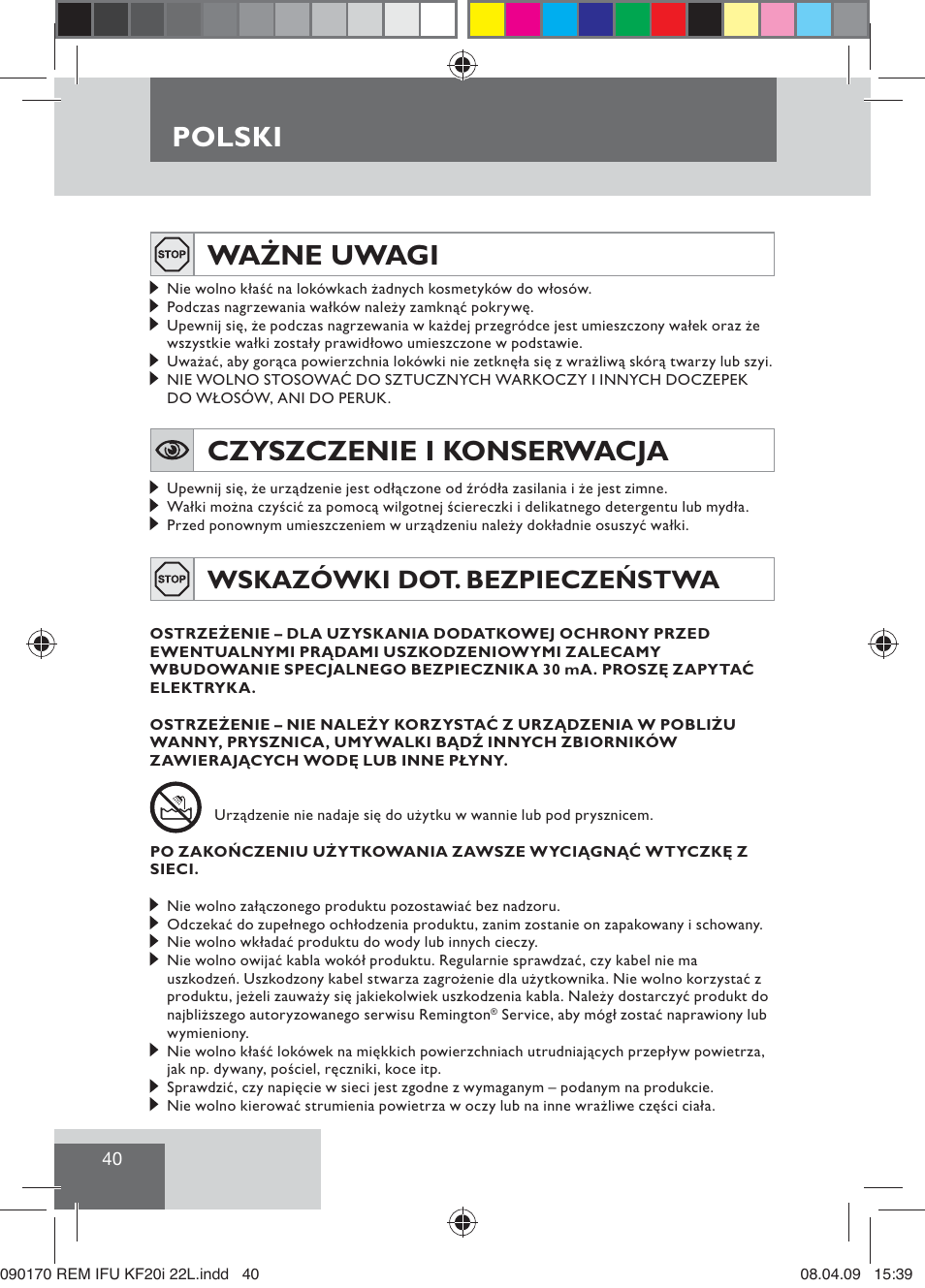 Polski, Ważne uwagi, Czyszczenie i konserwacja | Wskazówki dot. bezpieczeństwa | Remington KF20i User Manual | Page 42 / 76