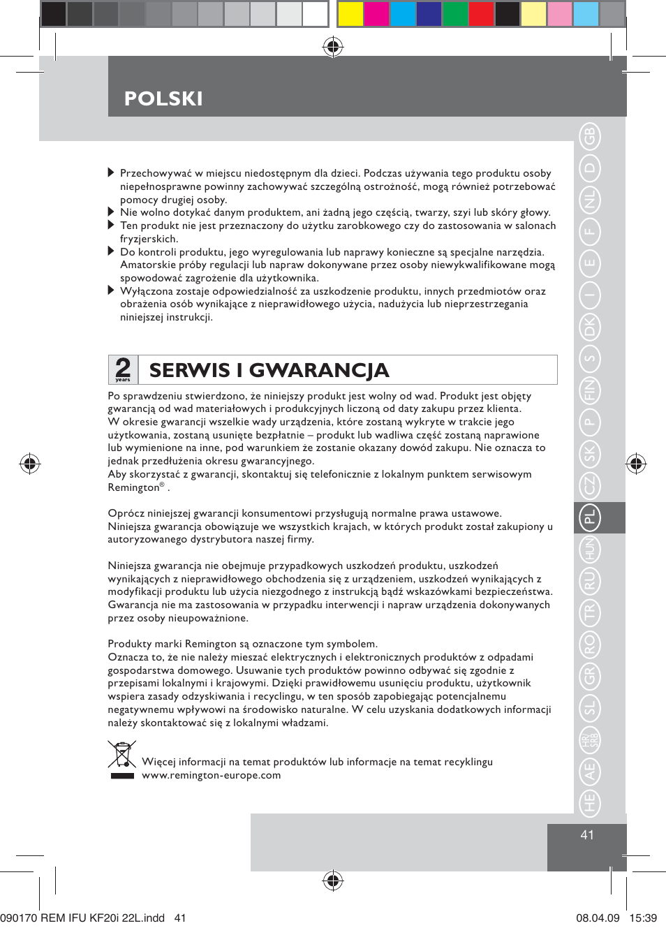 Polski, Serwis i gwarancja | Remington KF20i User Manual | Page 43 / 76
