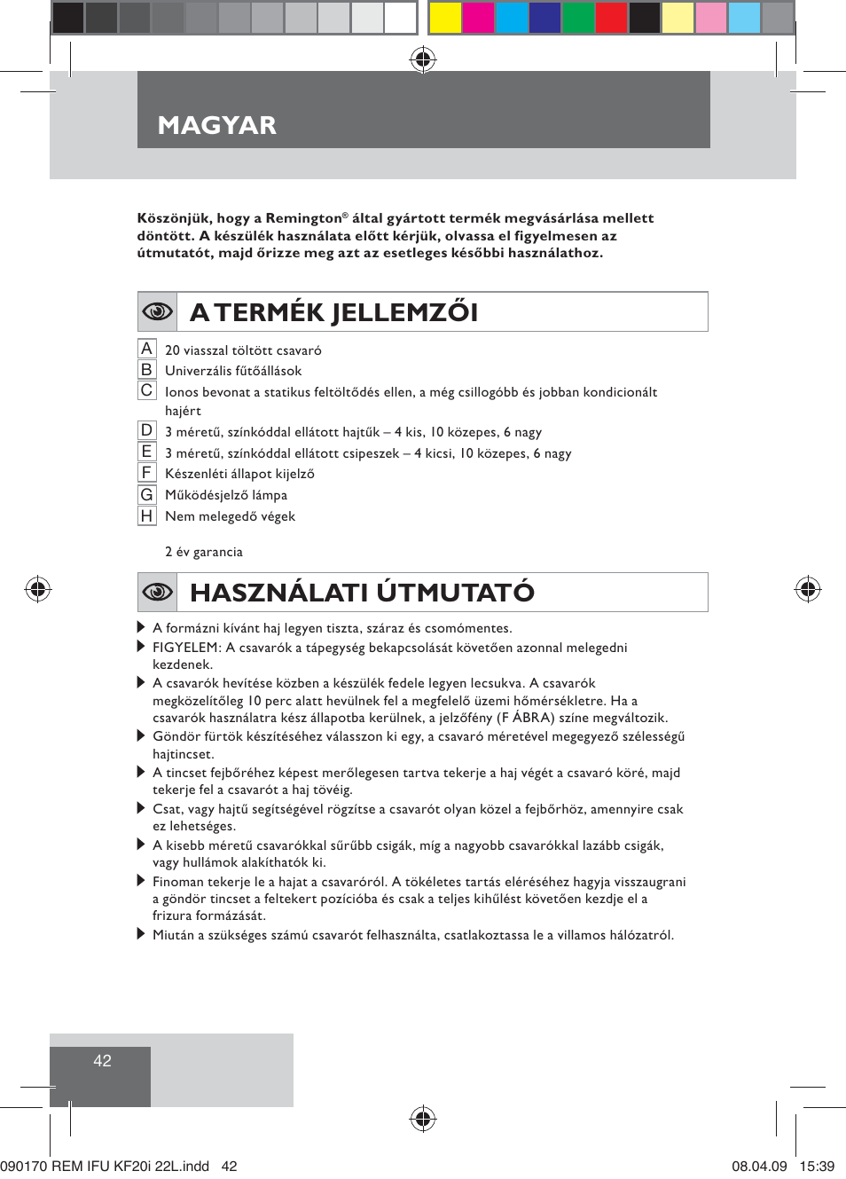 Magyar, A termék jellemzői, Használati útmutató | Remington KF20i User Manual | Page 44 / 76