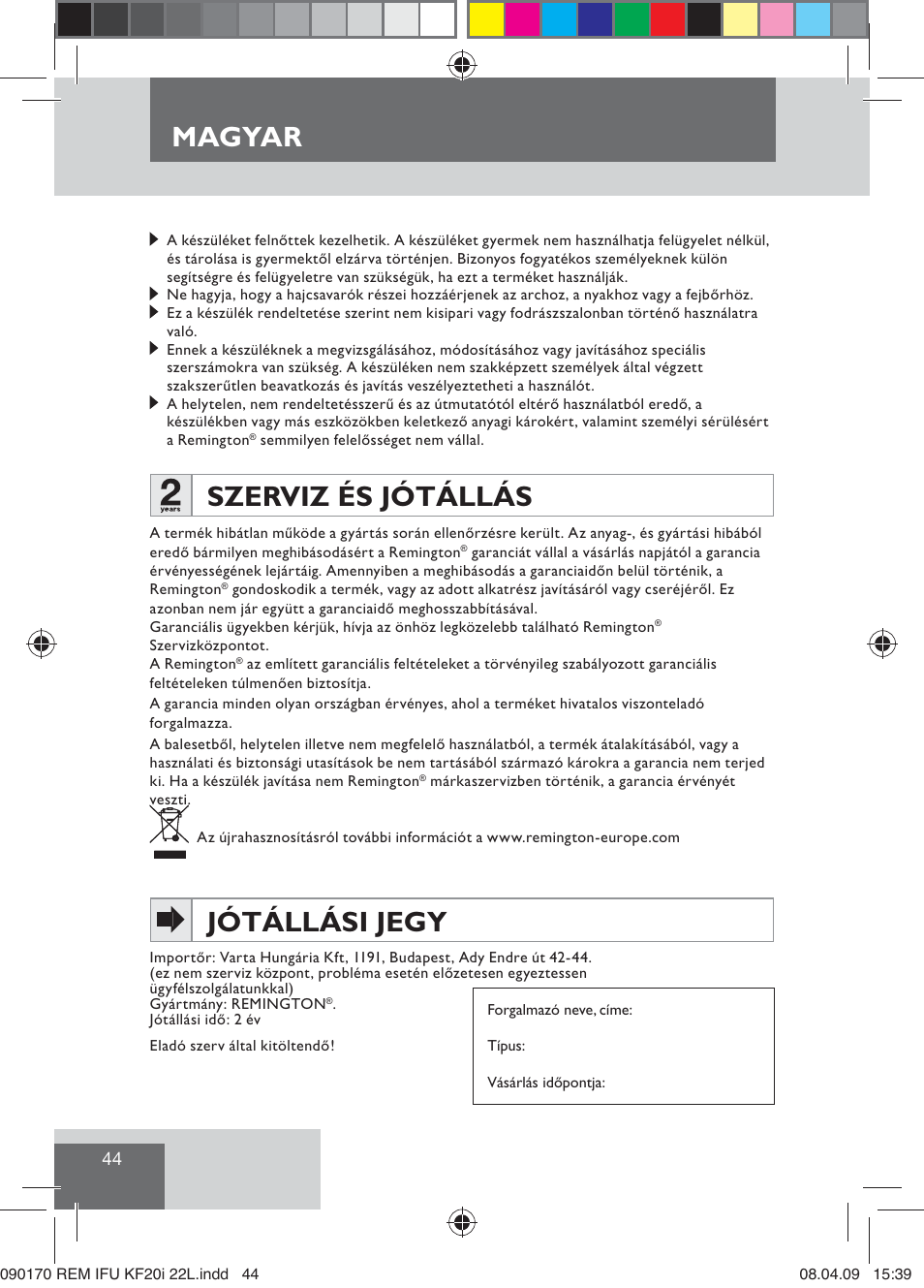 Magyar, Szerviz és jótállás, Jótállási jegy | Remington KF20i User Manual | Page 46 / 76