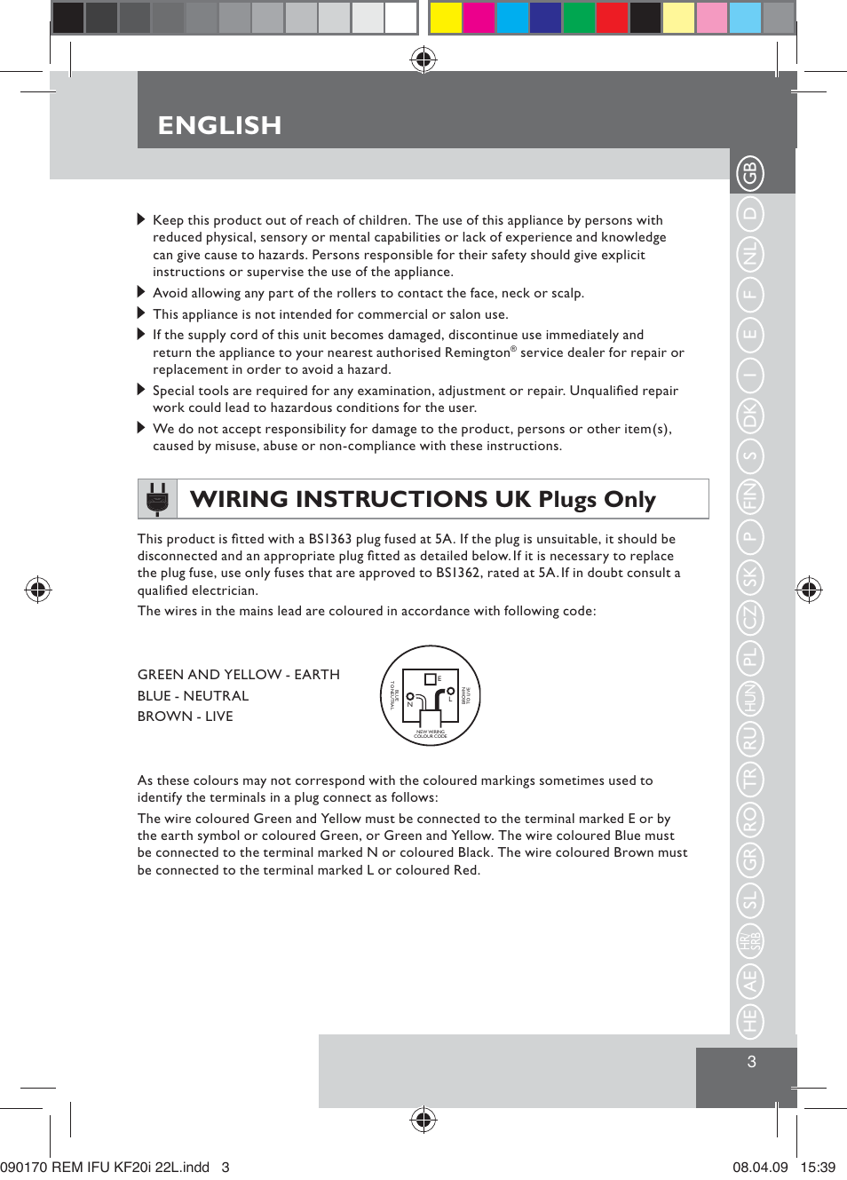 English, Wiring instructions uk plugs only, Ru tr ro gr sl ae he | Remington KF20i User Manual | Page 5 / 76