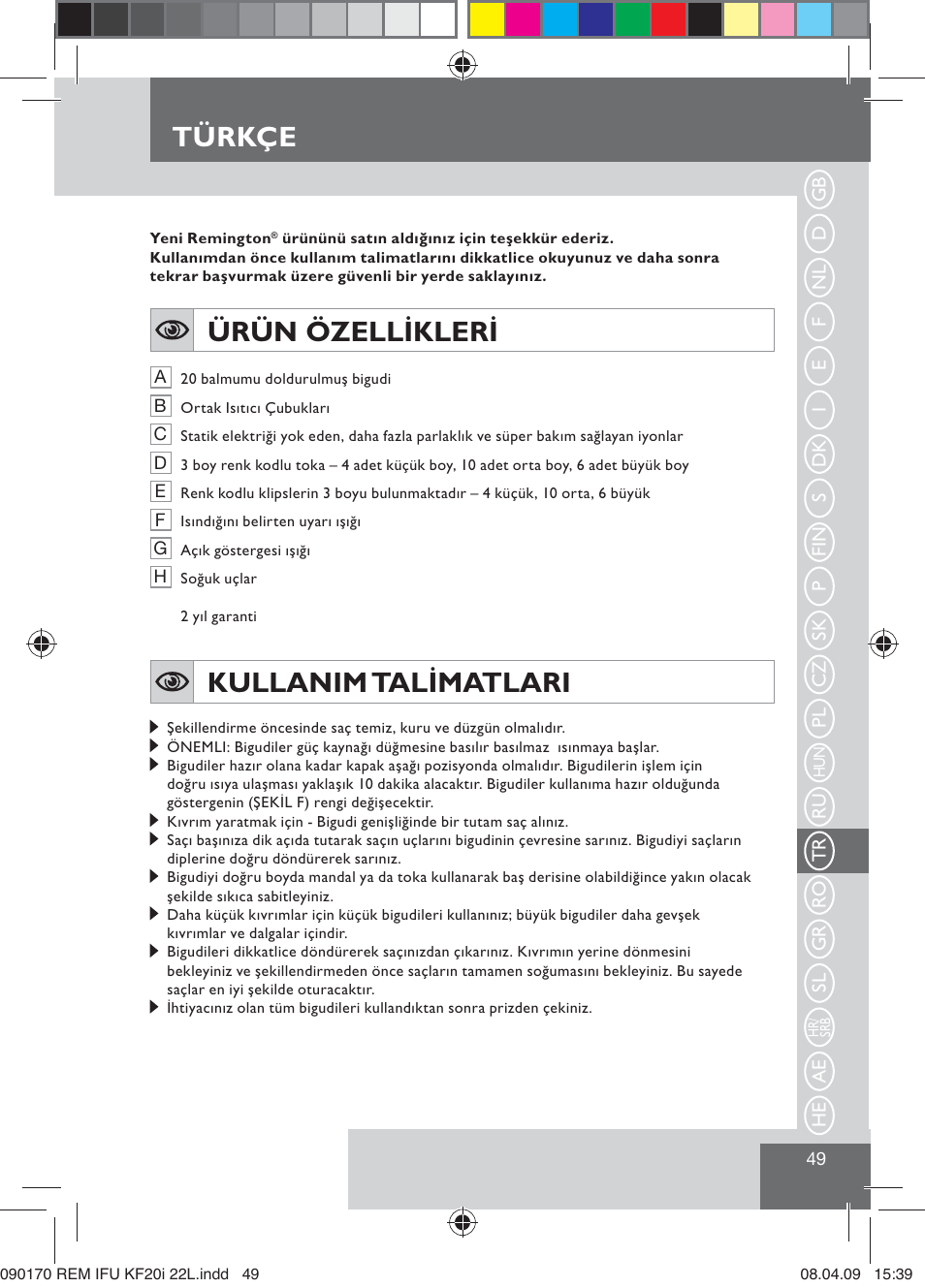 Türkçe, Ürün özellikleri, Kullanim talimatlari | Remington KF20i User Manual | Page 51 / 76