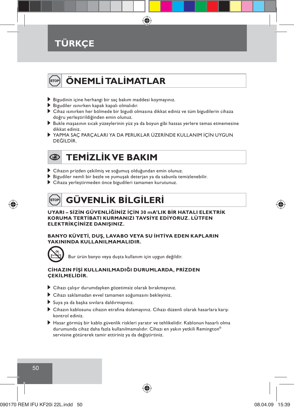Türkçe, Önemli talimatlar, Temizlik ve bakim | Güvenlik bilgileri | Remington KF20i User Manual | Page 52 / 76