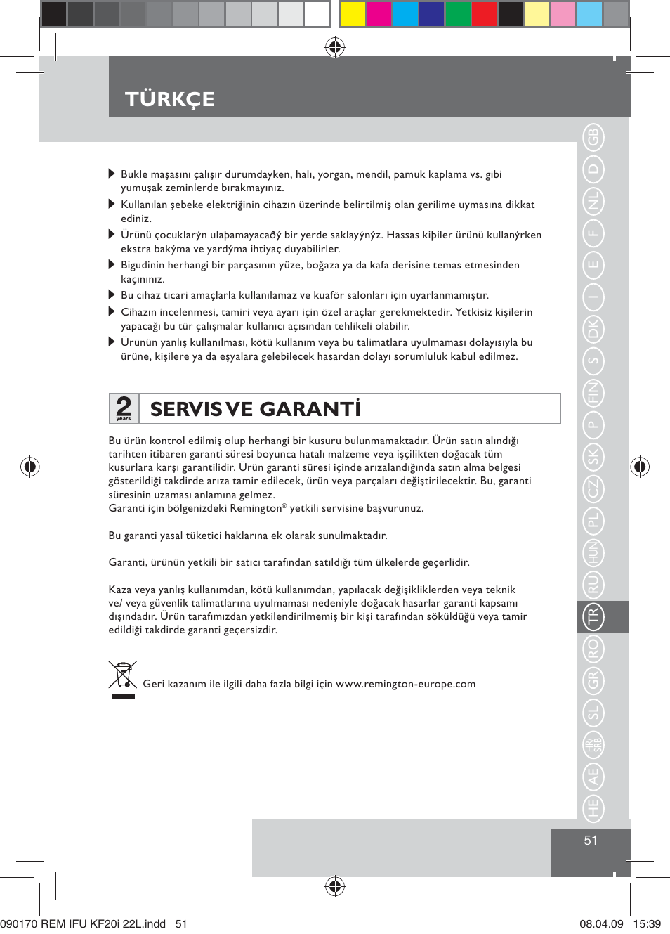 Türkçe, Servis ve garanti | Remington KF20i User Manual | Page 53 / 76