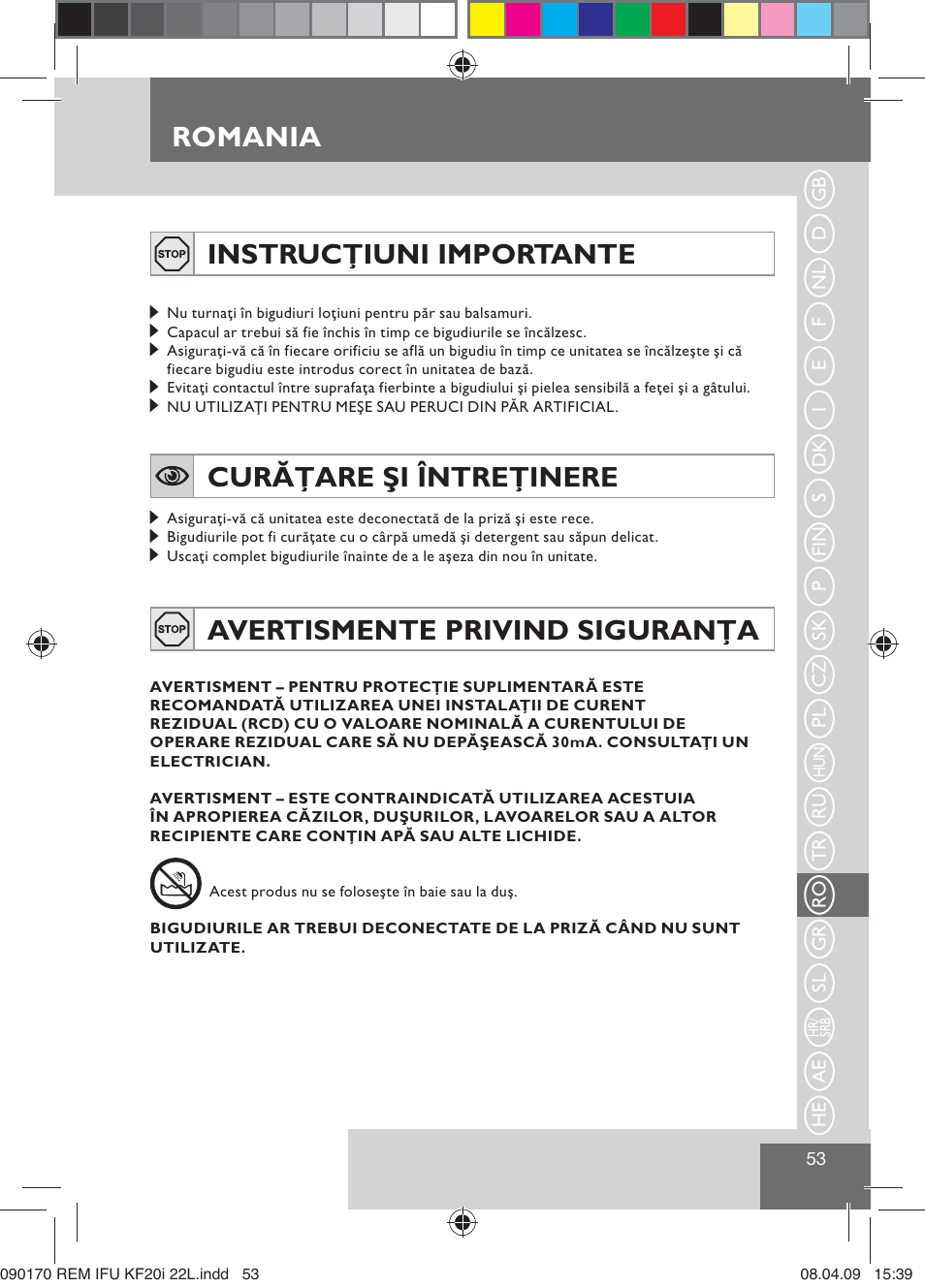 Romania instrucţiuni importante, Curăţare şi întreţinere, Avertismente privind siguranţa | Remington KF20i User Manual | Page 55 / 76