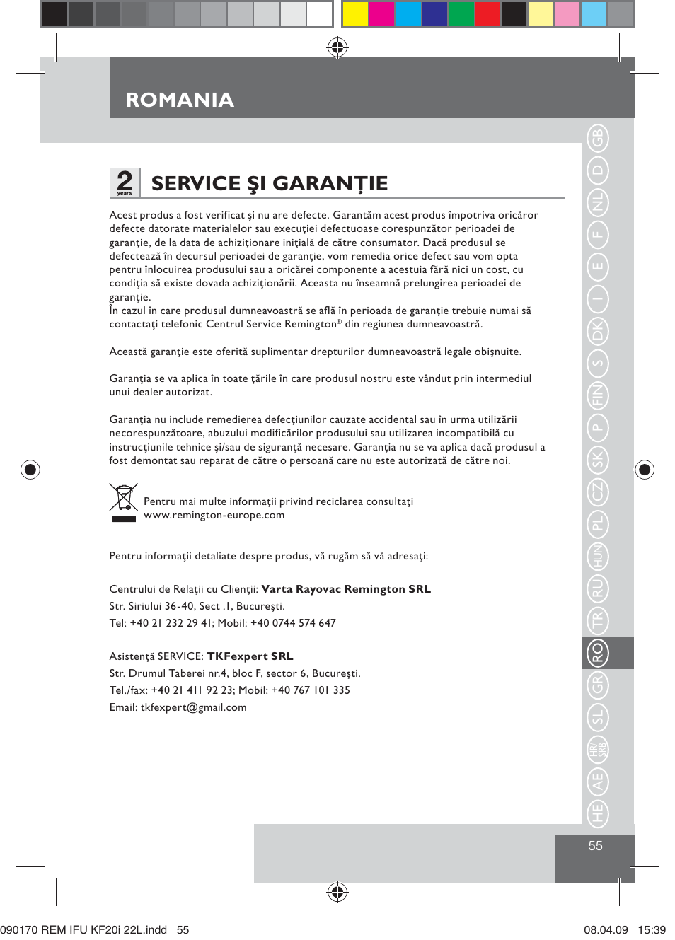 Romania service şi garanţie | Remington KF20i User Manual | Page 57 / 76