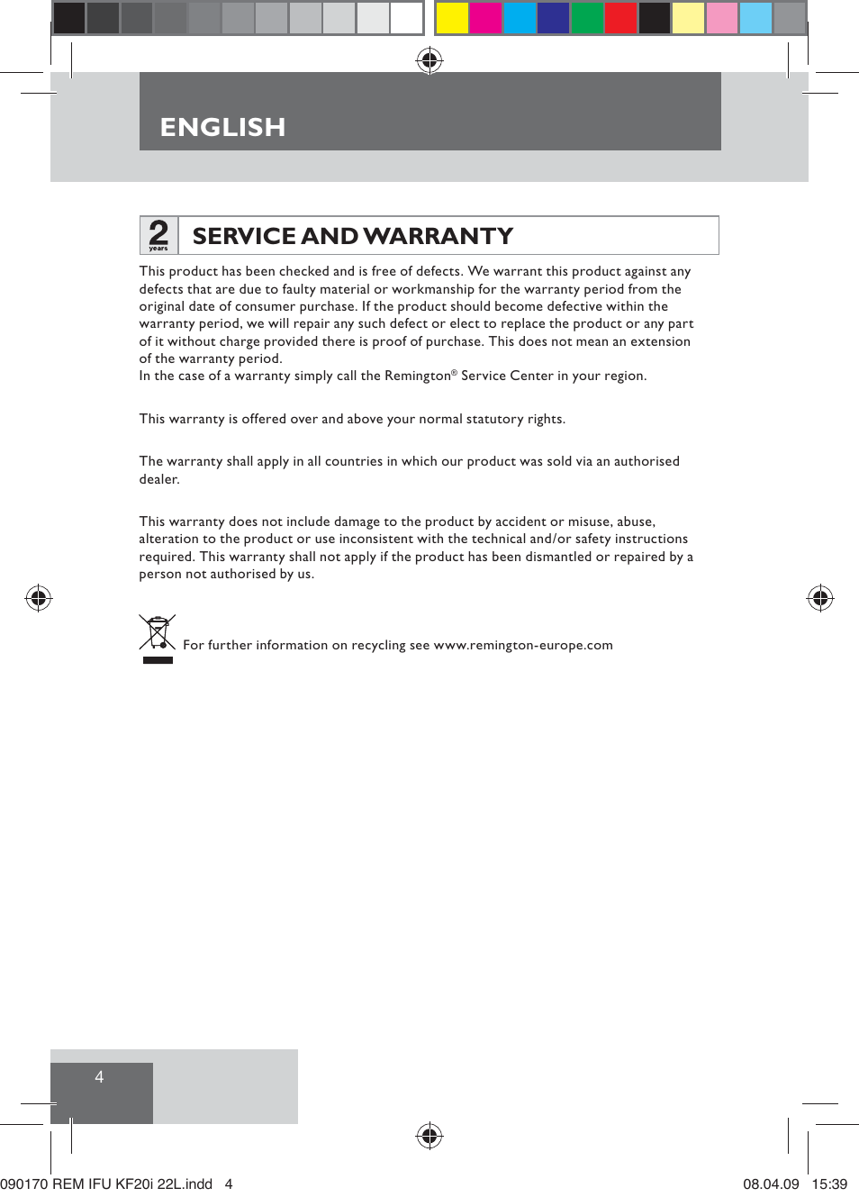 English, Service and warranty | Remington KF20i User Manual | Page 6 / 76