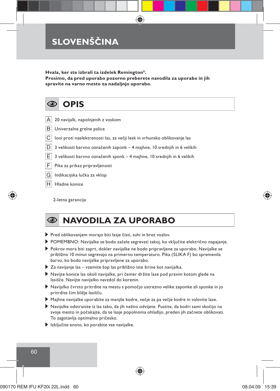 Slovenščina, Opis, Navodila za uporabo | Remington KF20i User Manual | Page 62 / 76