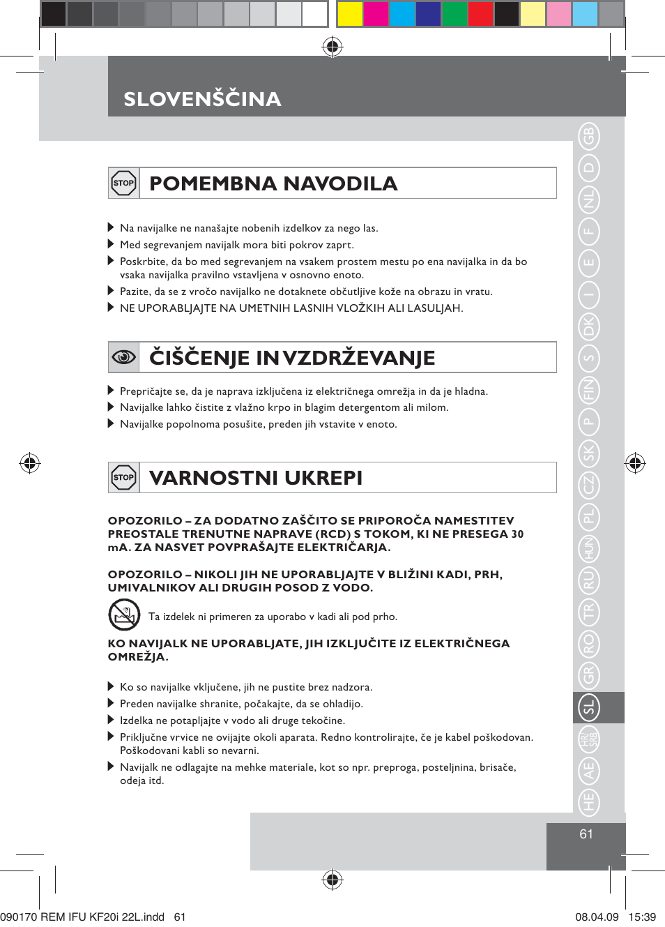 Slovenščina pomembna navodila, Čiščenje in vzdrževanje, Varnostni ukrepi | Remington KF20i User Manual | Page 63 / 76