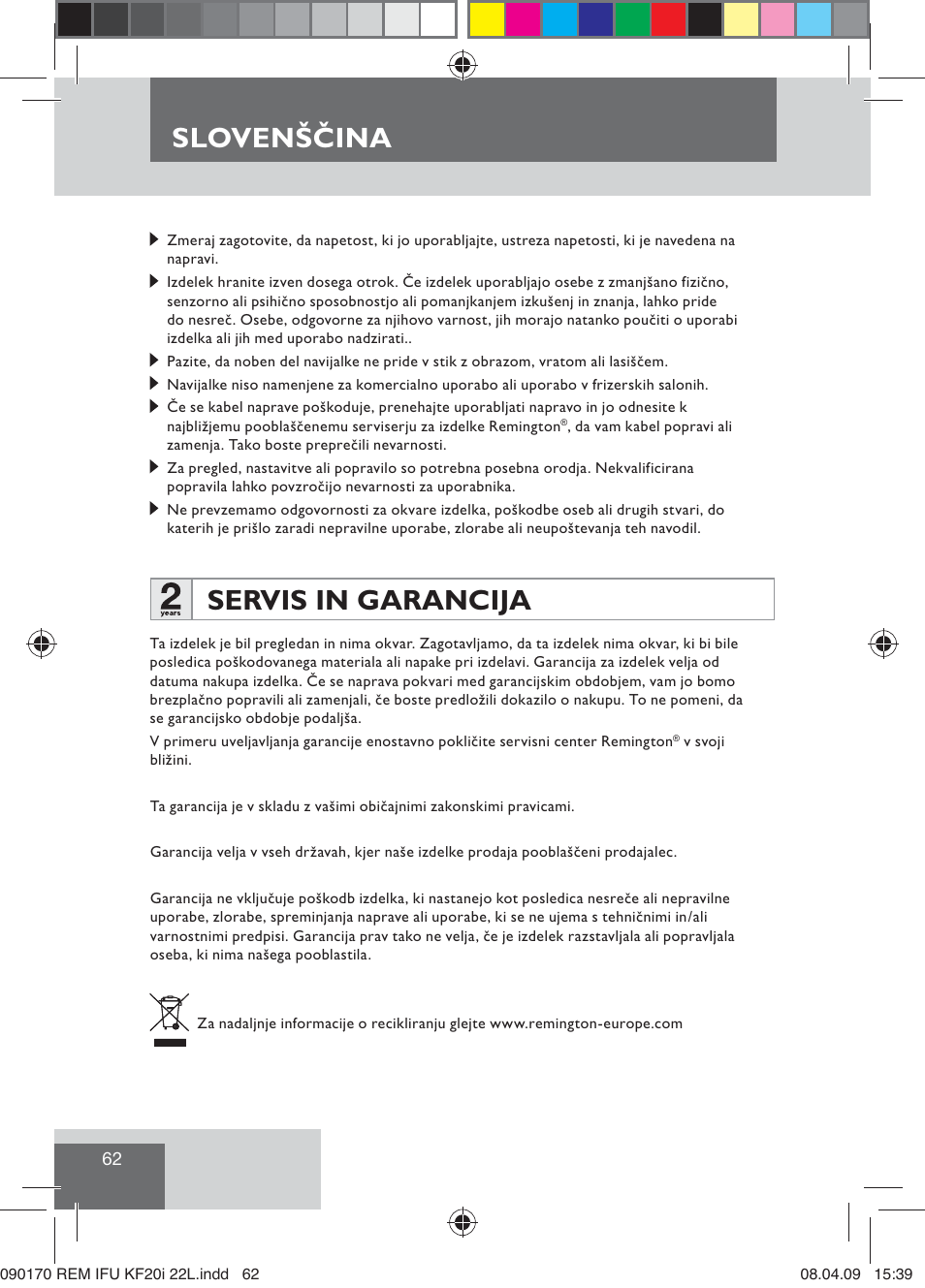 Slovenščina, Servis in garancija | Remington KF20i User Manual | Page 64 / 76