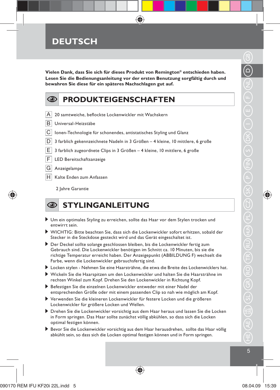 Deutsch, Produkteigenschaften, Stylinganleitung | Remington KF20i User Manual | Page 7 / 76