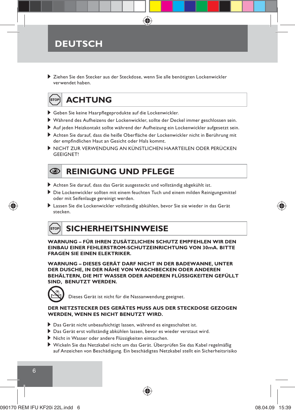 Deutsch, Achtung, Reinigung und pflege | Sicherheitshinweise | Remington KF20i User Manual | Page 8 / 76