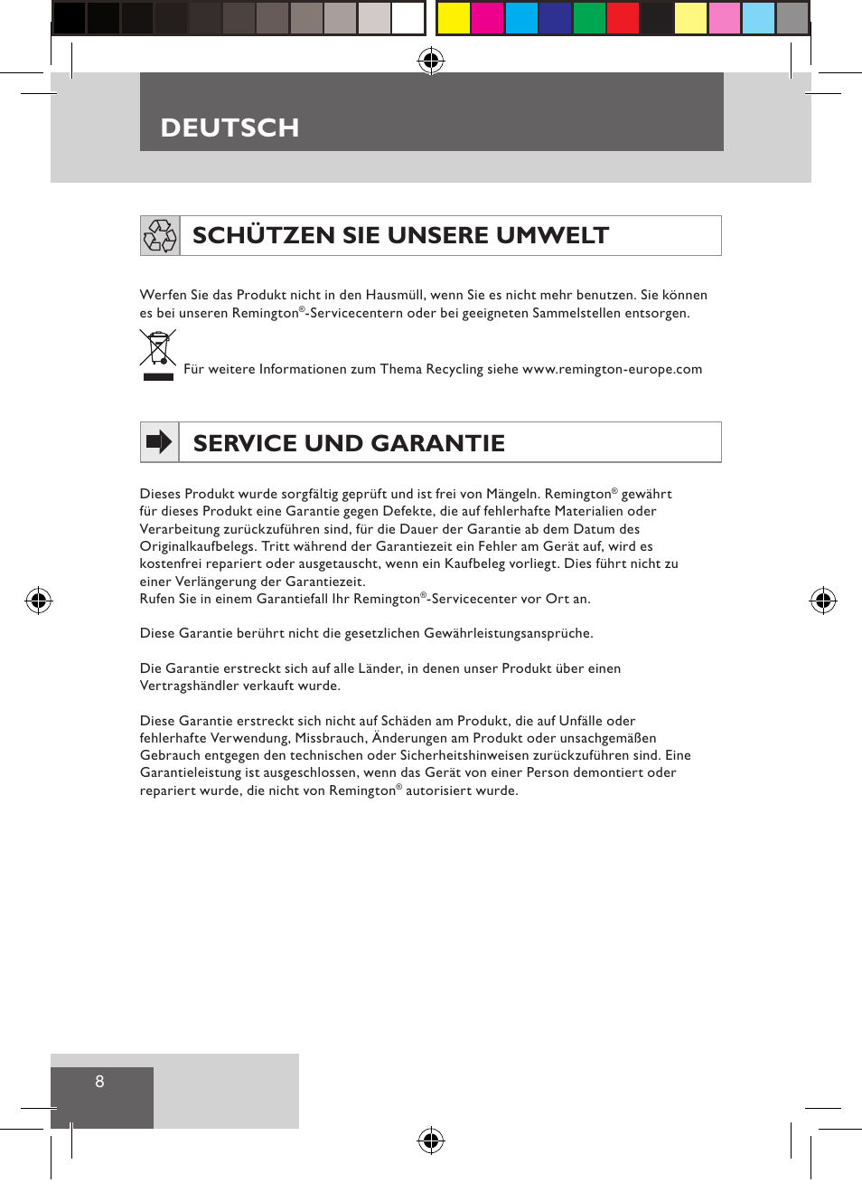 Deutsch, Schützen sie unsere umwelt, Service und garantie | Remington S1510 User Manual | Page 10 / 83