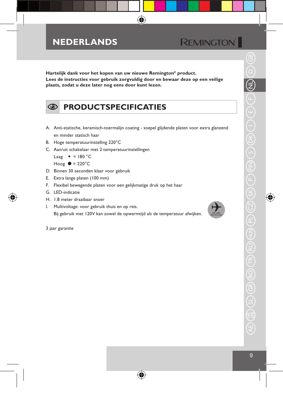 Nederlands, Productspecificaties | Remington S1510 User Manual | Page 11 / 83