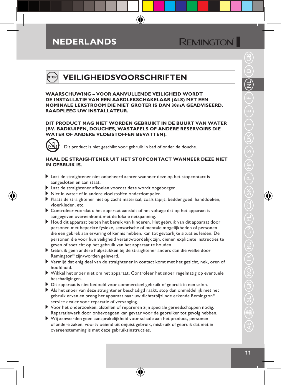 Nederlands, Veiligheidsvoorschriften | Remington S1510 User Manual | Page 13 / 83