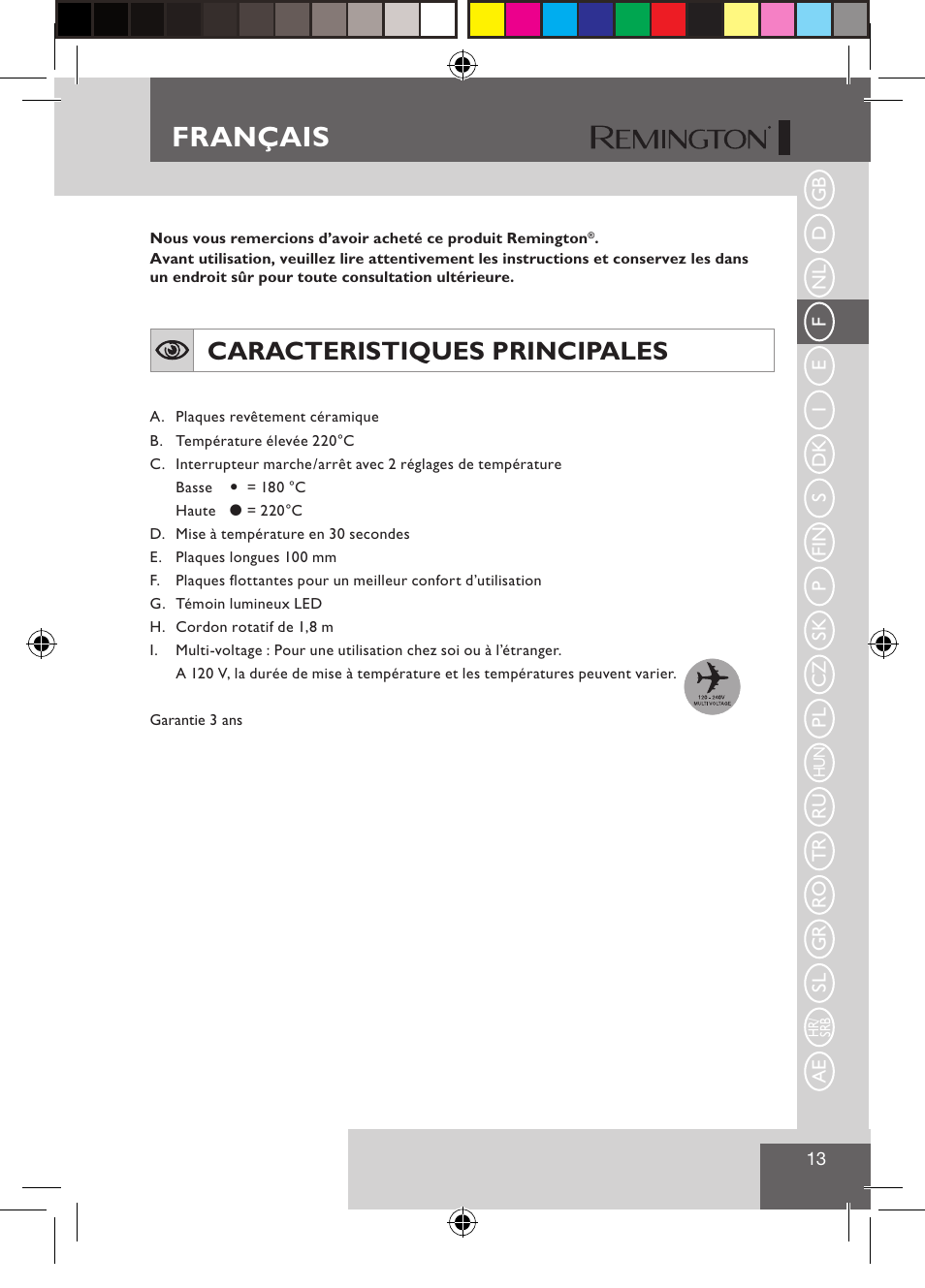 Français, Caracteristiques principales | Remington S1510 User Manual | Page 15 / 83