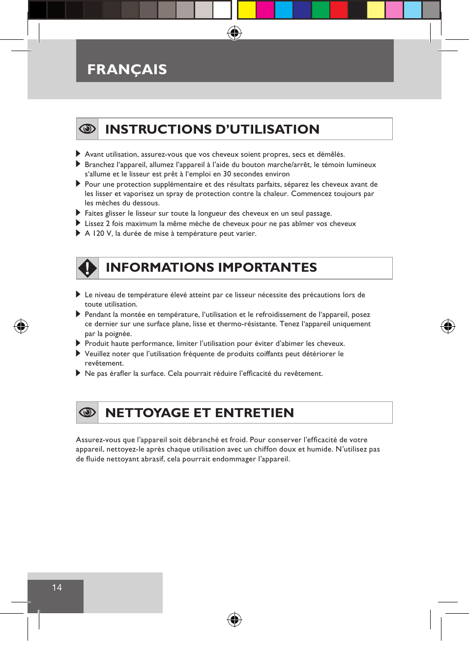 Français, Instructions d’utilisation, Informations importantes | Nettoyage et entretien | Remington S1510 User Manual | Page 16 / 83