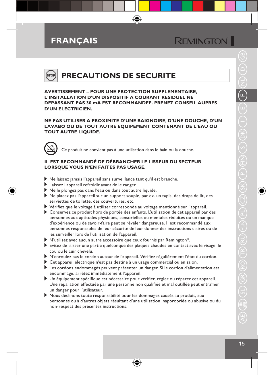 Français, Precautions de securite | Remington S1510 User Manual | Page 17 / 83