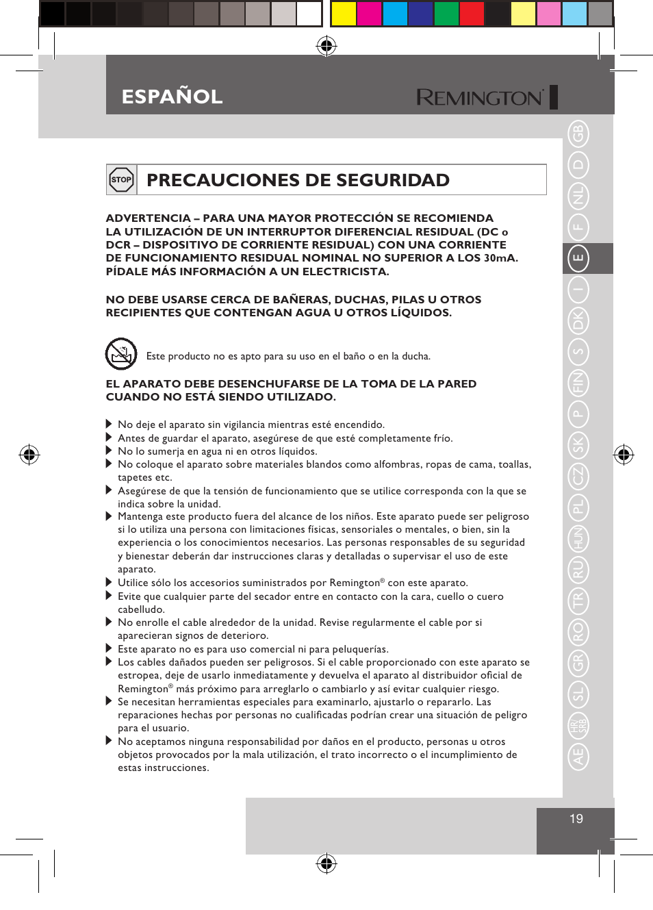 Español, Precauciones de seguridad | Remington S1510 User Manual | Page 21 / 83