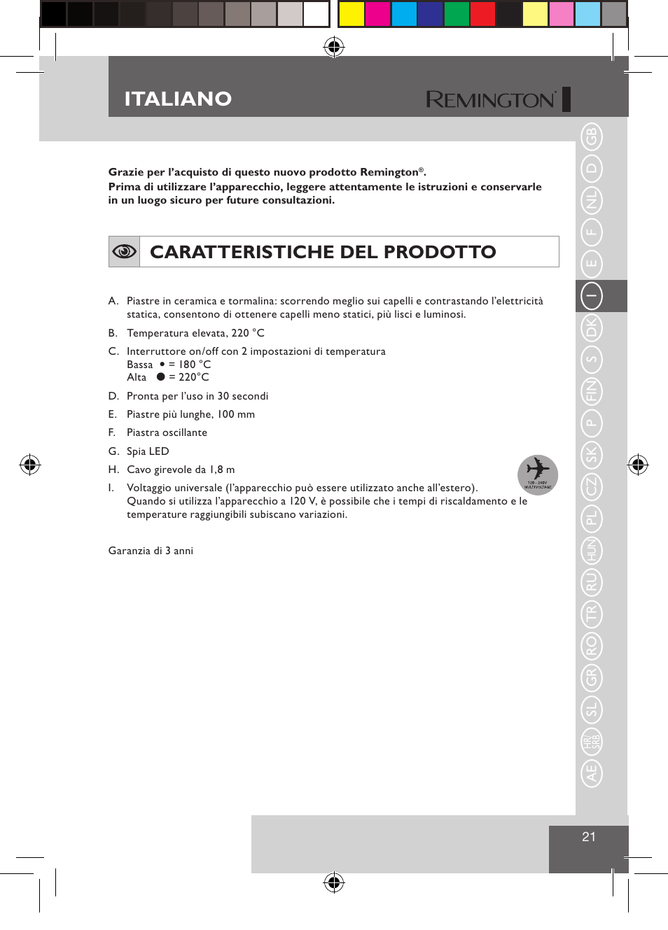 Italiano, Caratteristiche del prodotto | Remington S1510 User Manual | Page 23 / 83