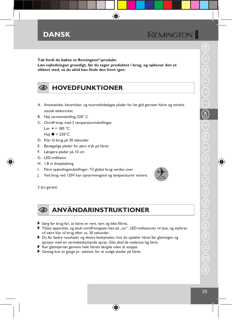 Dansk, Hovedfunktioner, Användarinstruktioner | Remington S1510 User Manual | Page 27 / 83