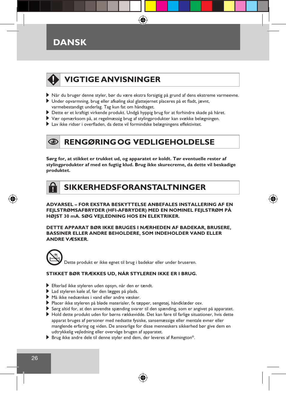 Dansk, Vigtige anvisninger, Rengøring og vedligeholdelse | Sikkerhedsforanstaltninger | Remington S1510 User Manual | Page 28 / 83