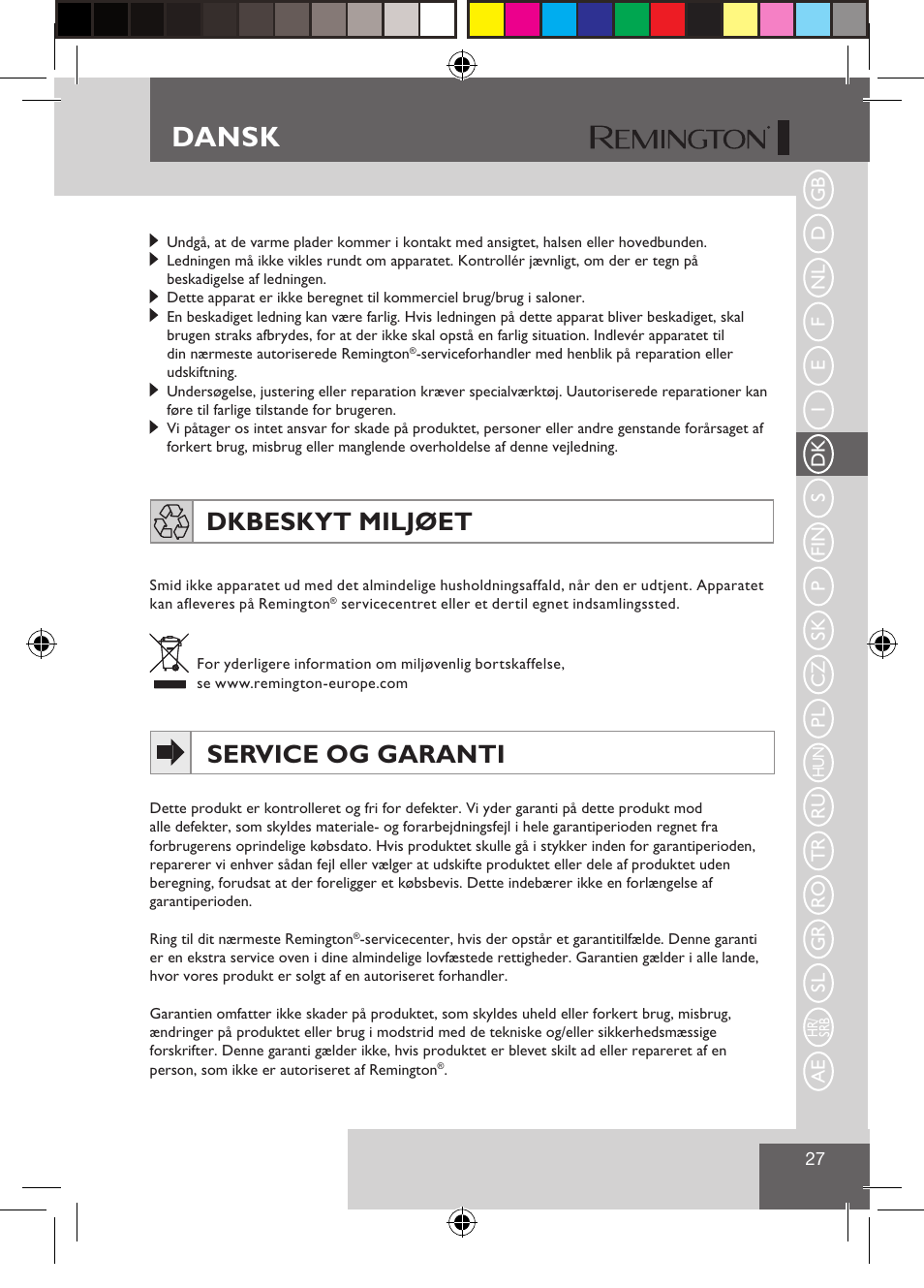 Dansk, Dk beskyt miljøet, Service og garanti | Remington S1510 User Manual | Page 29 / 83