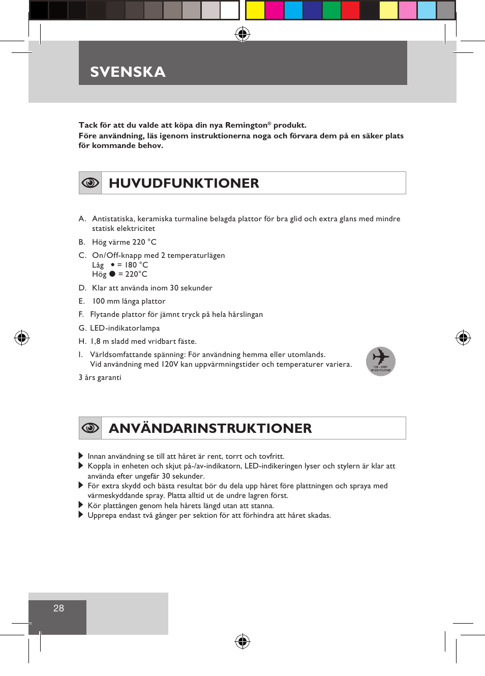 Svenska, Huvudfunktioner, Användarinstruktioner | Remington S1510 User Manual | Page 30 / 83