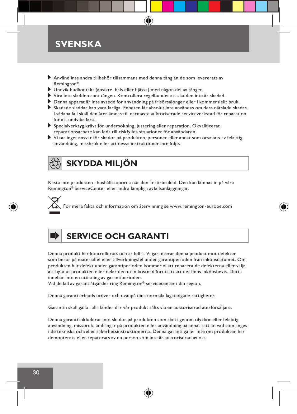 Svenska, Skydda miljön, Service och garanti | Remington S1510 User Manual | Page 32 / 83