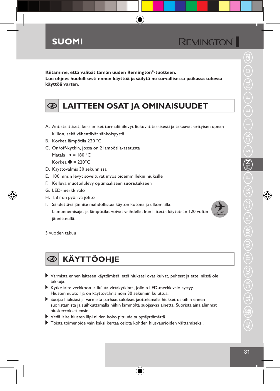 Suomi, Laitteen osat ja ominaisuudet, Käyttöohje | Remington S1510 User Manual | Page 33 / 83