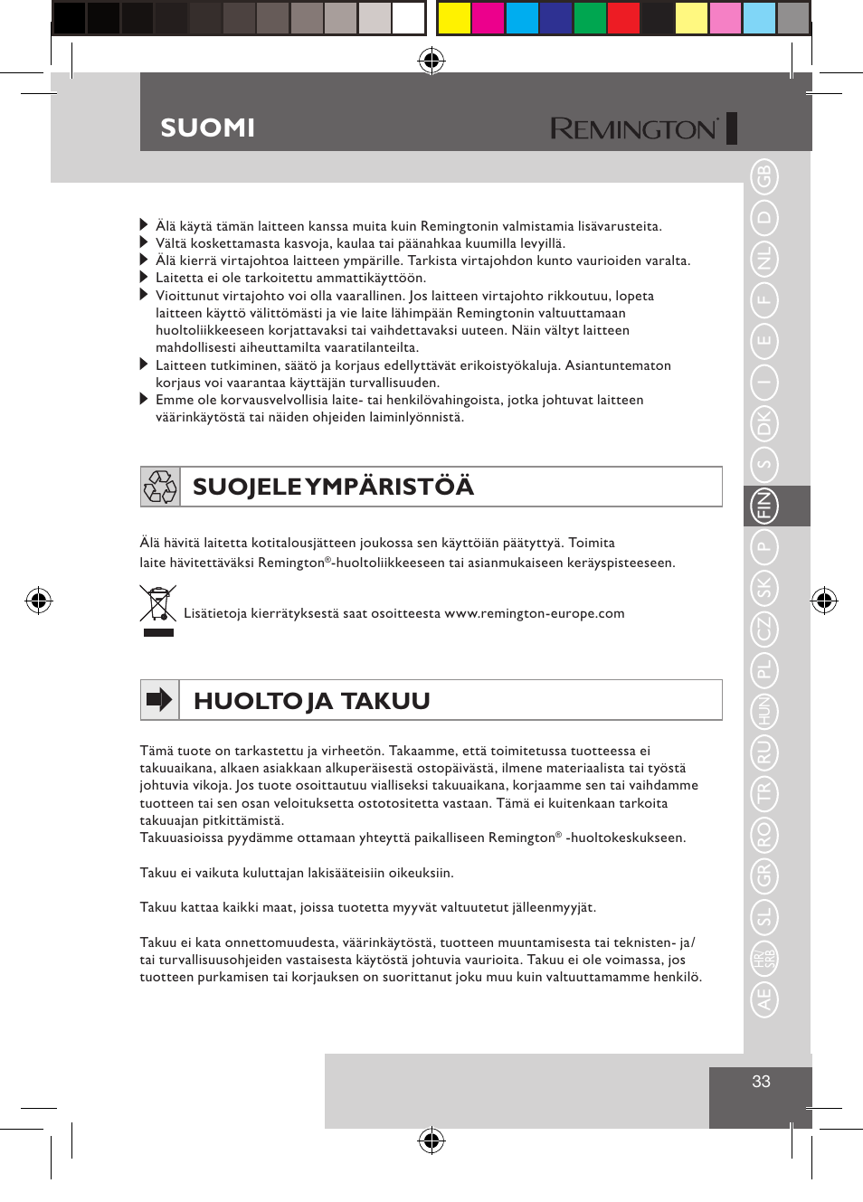 Suomi, Suojele ympäristöä, Huolto ja takuu | Remington S1510 User Manual | Page 35 / 83
