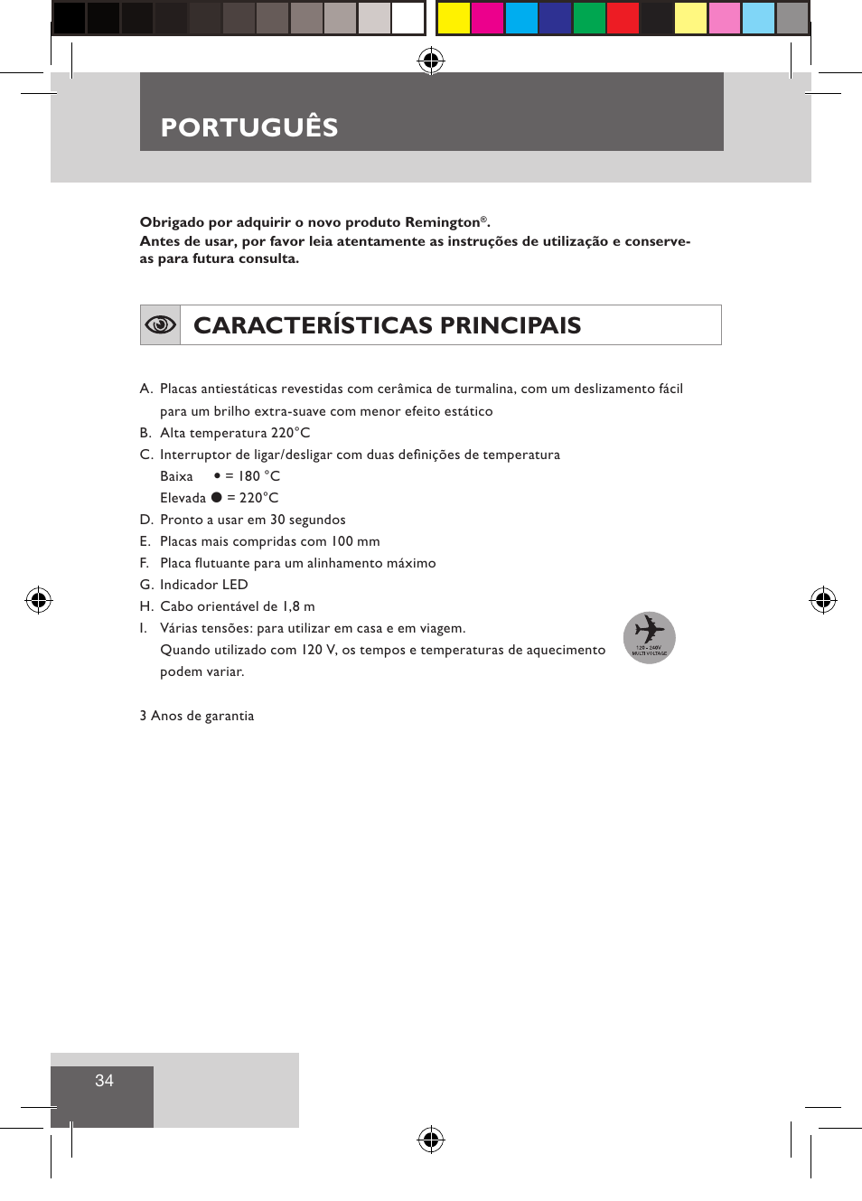 Português, Características principais | Remington S1510 User Manual | Page 36 / 83